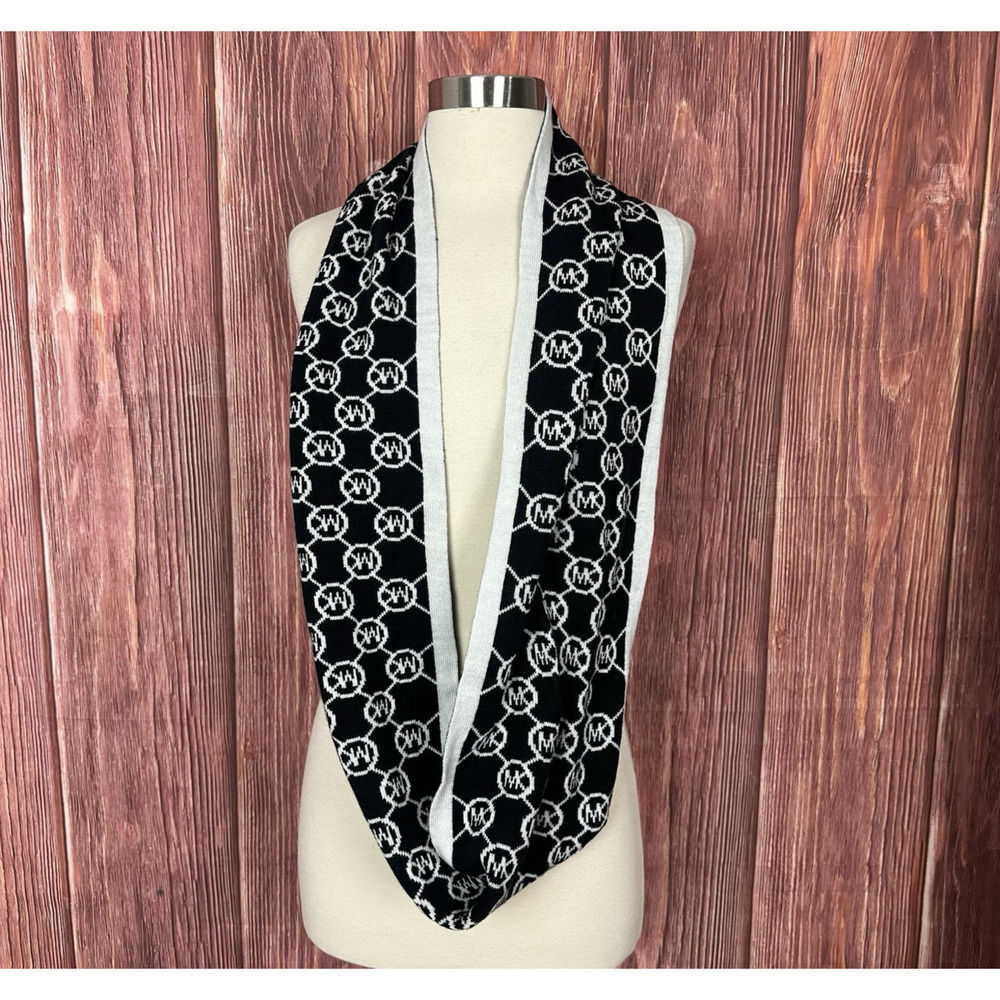 Michael Kors Black & White MK Circle‎ Logo Infinity Scarf W/ White Trim